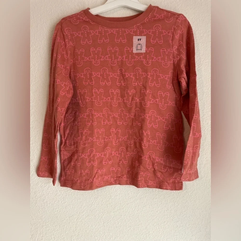 Old Navy Kids Long Sleeve Shirt - Red with Pink Gingerbread pattern size 5T